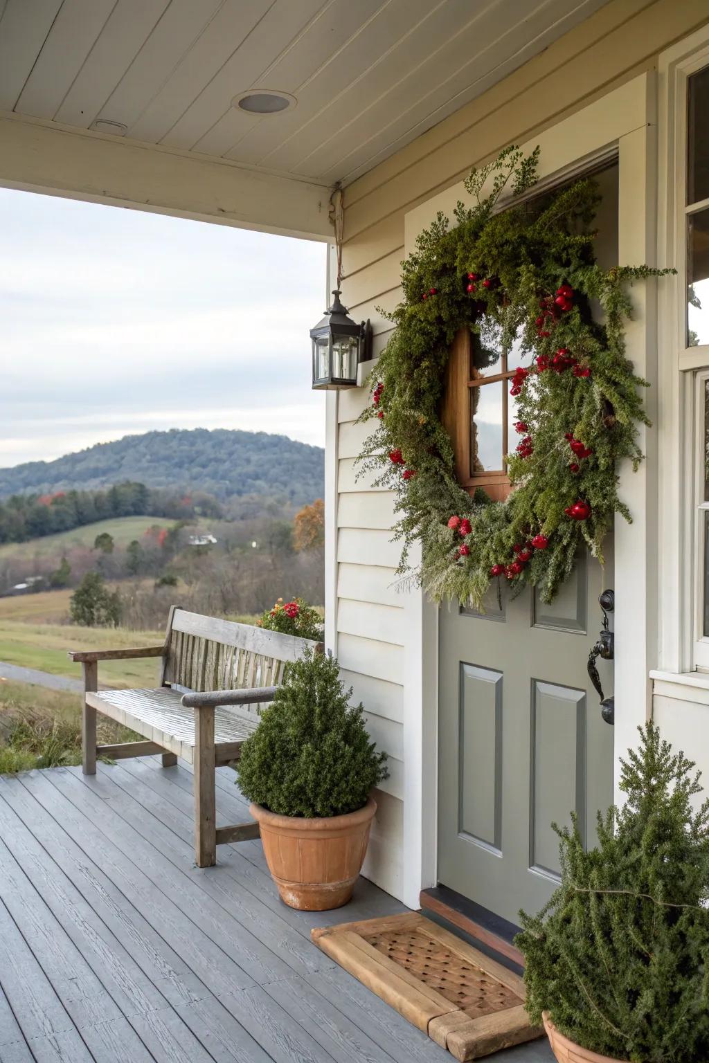 A decorative wreath adds a personal touch to the porch.