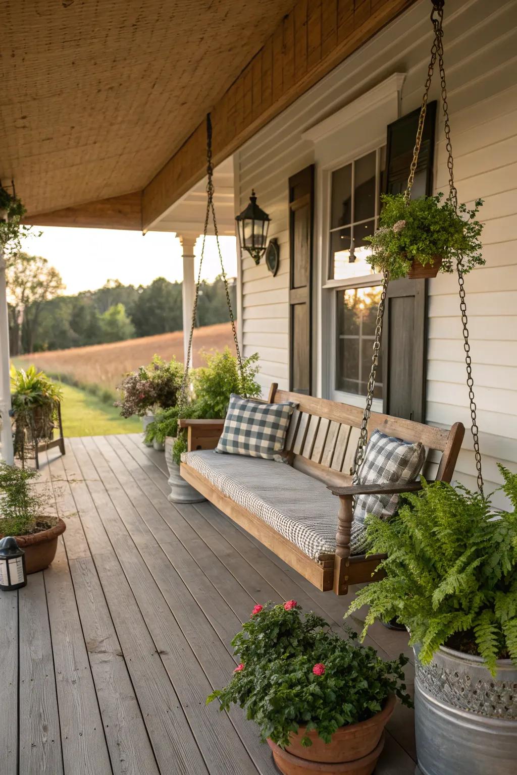 A cozy porch swing perfect for lazy afternoons.