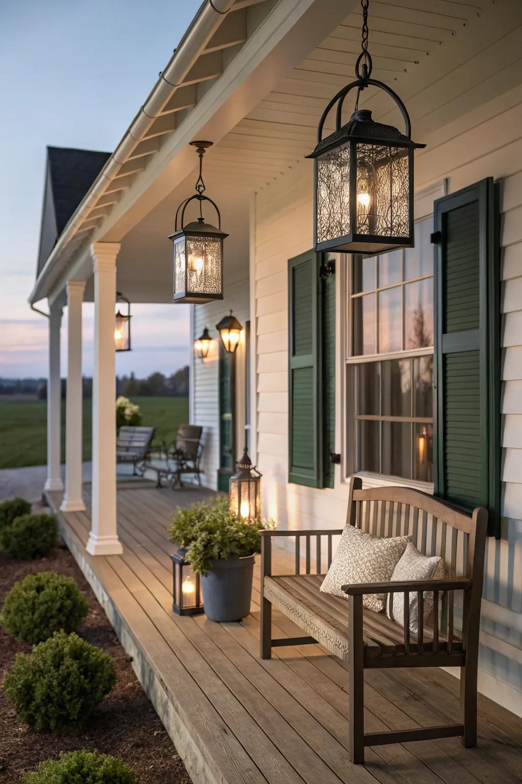 Charming lanterns providing ambient lighting on a porch.