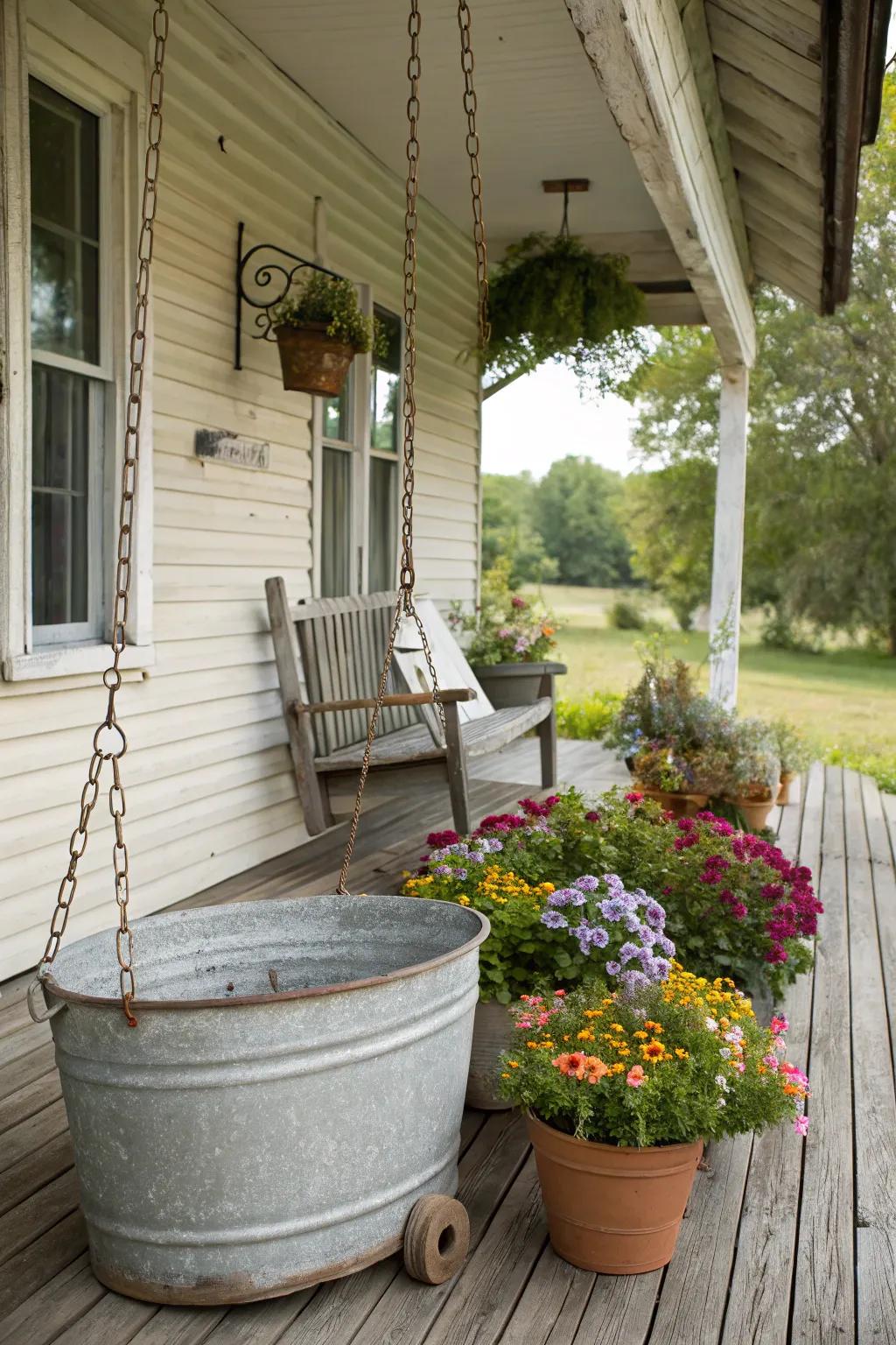 Vintage finds repurposed as charming porch decor.