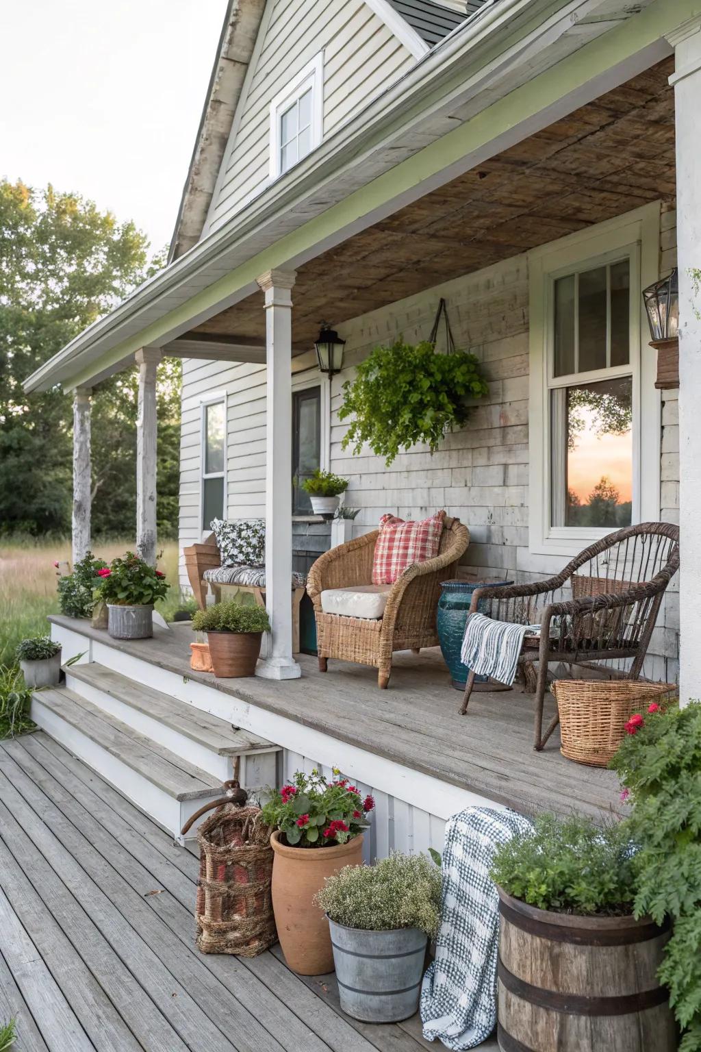 Asymmetrical design adding charm to a farmhouse porch.