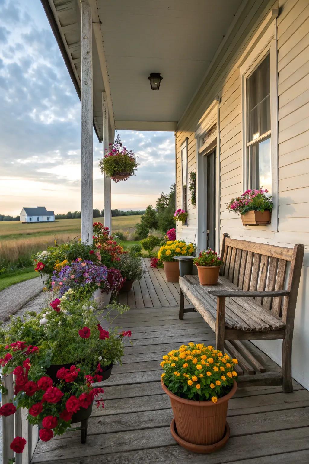 Lush greenery and colorful flowers on a farmhouse porch.