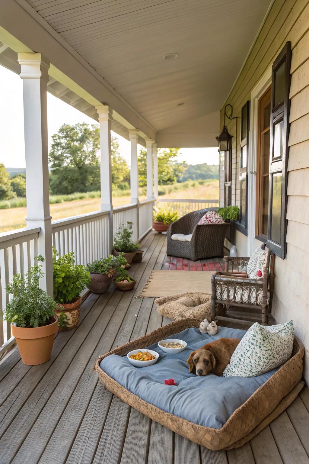 A pet-friendly nook on a farmhouse porch.