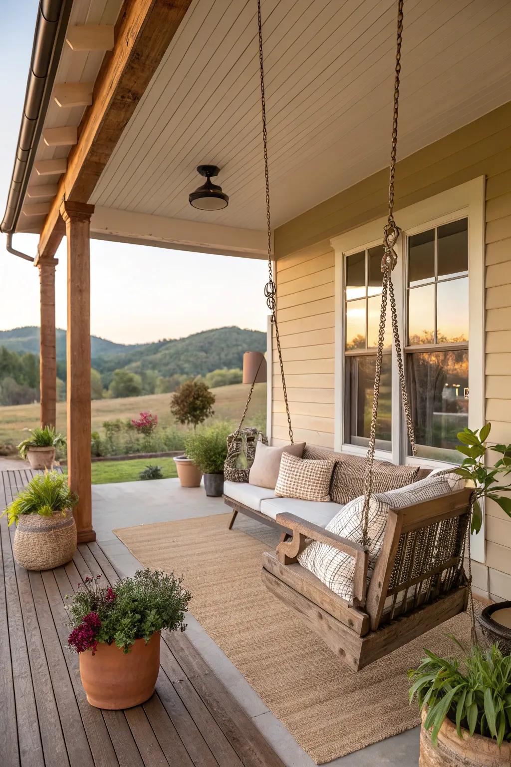 Neutral tones creating a calming farmhouse porch.