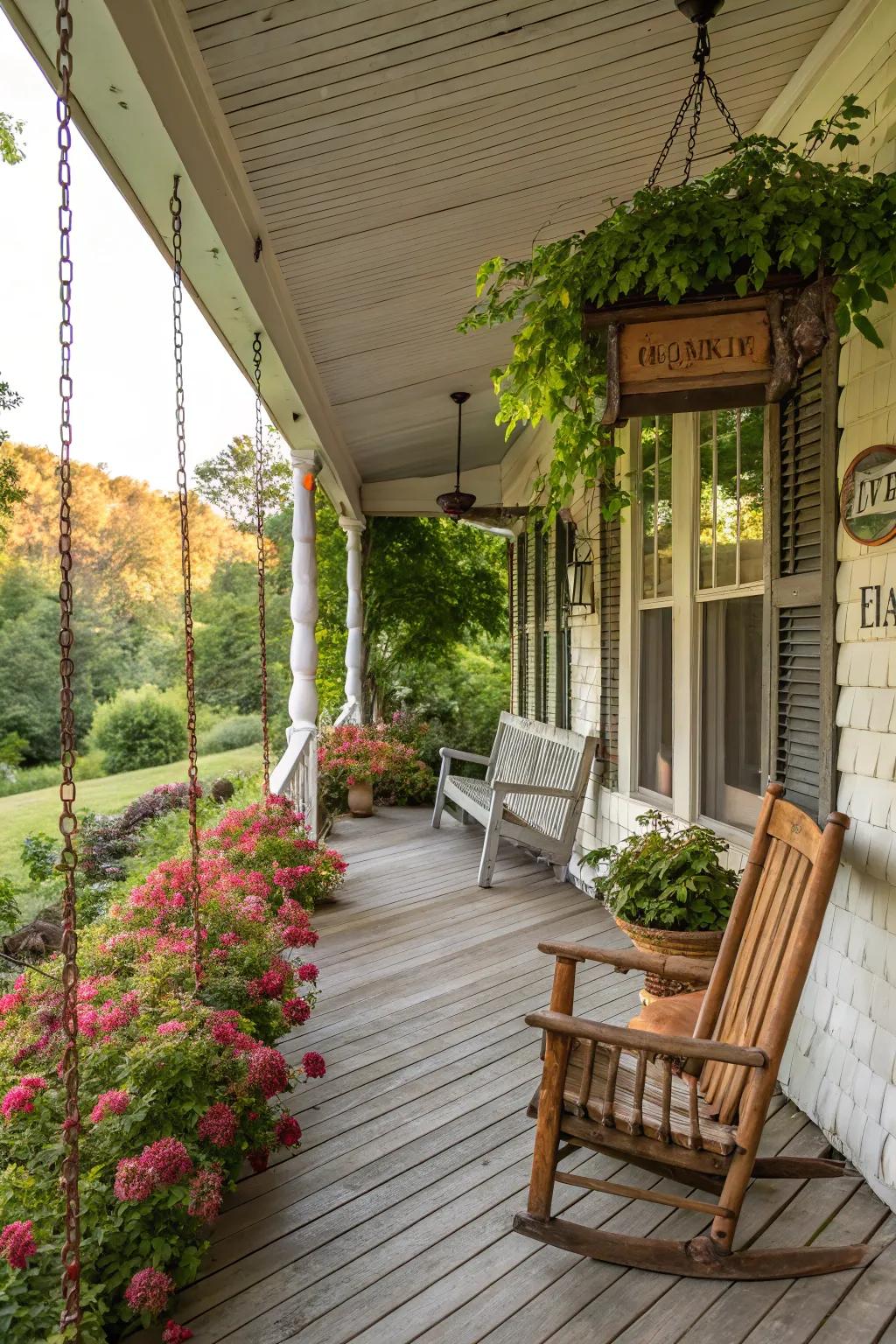 Farmhouse porch featuring rustic decor and vintage furniture.