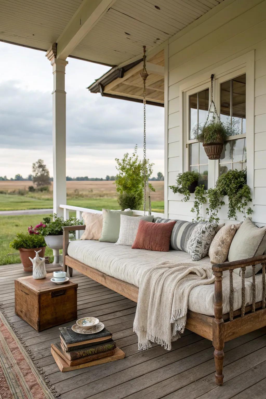A cozy daybed on a porch, perfect for relaxation.