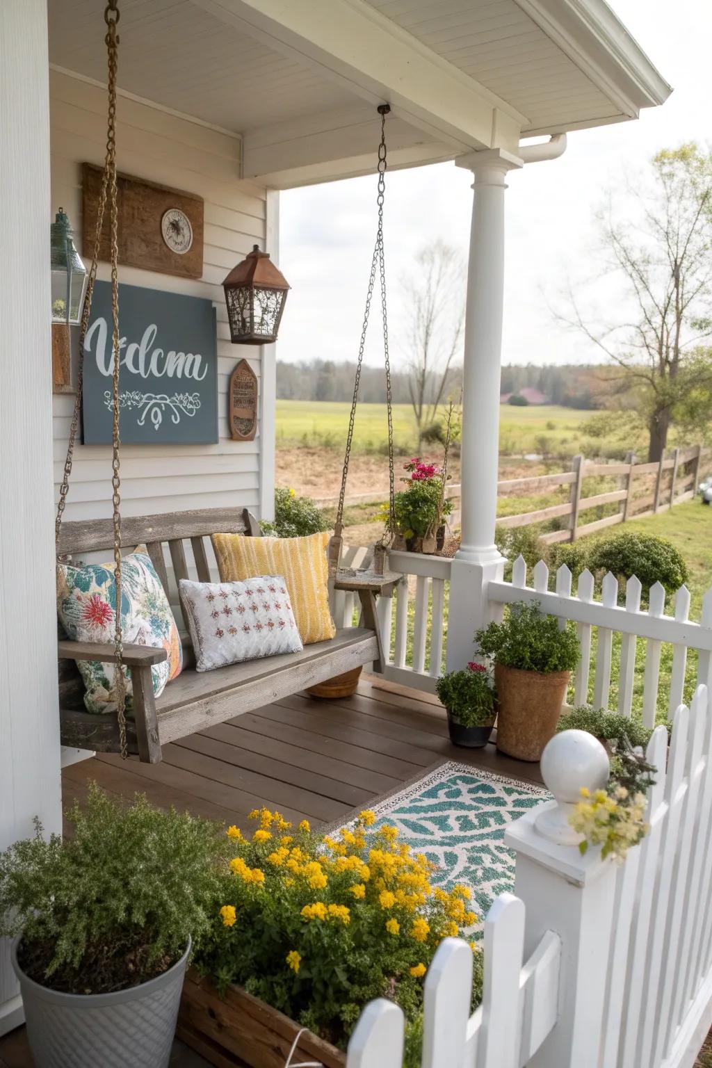 Personal touches with signs and pillows on a porch.
