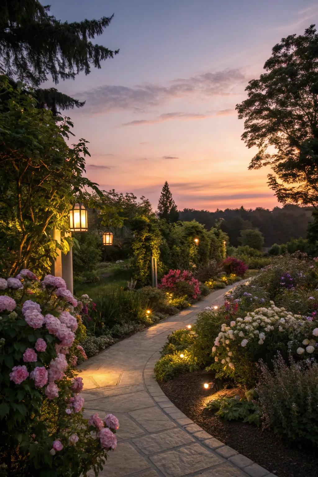 A garden illuminated with enchanting evening lights.