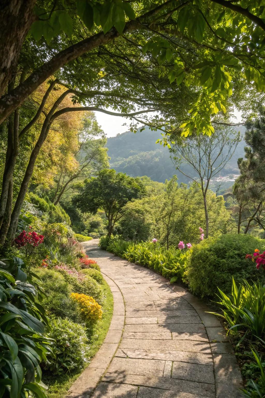 A serene pathway flanked by lush greenery.
