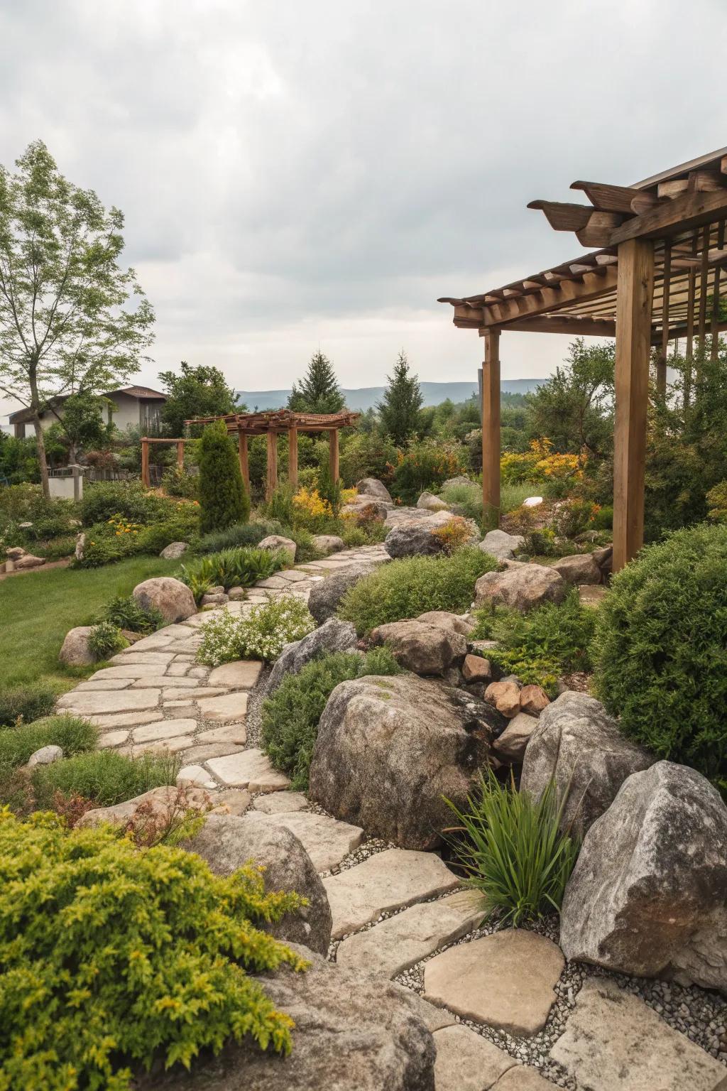 A garden enriched with natural rock and wood elements.