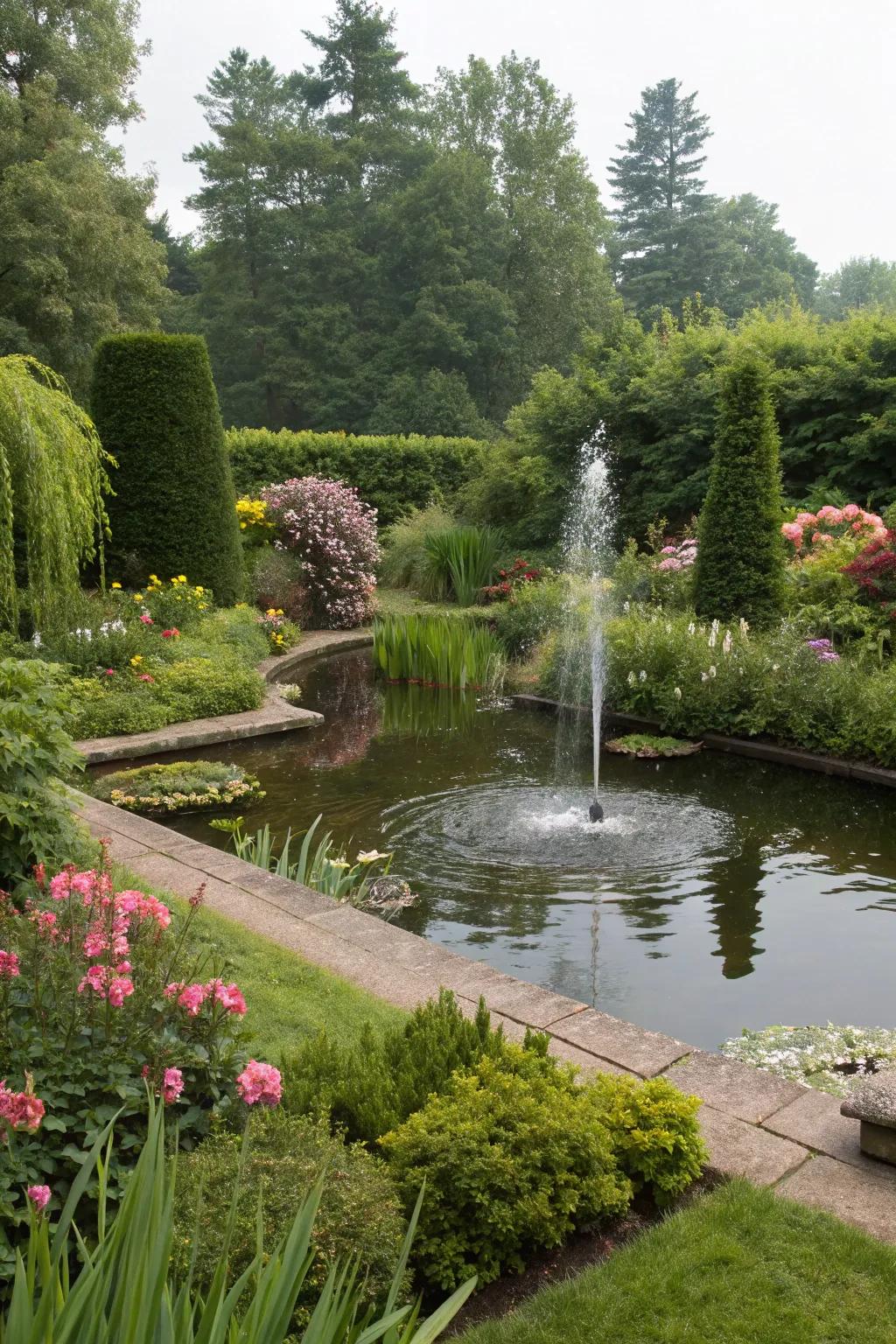A tranquil water feature enhancing the garden's calmness.