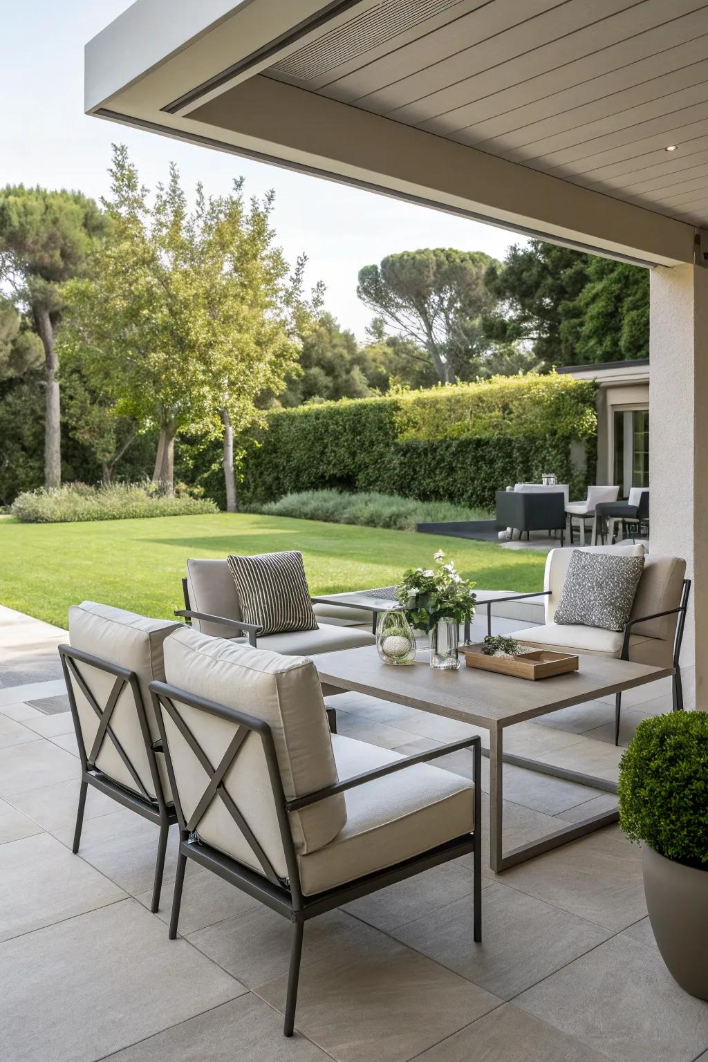 Sleek furniture enhances the contemporary vibe of your outdoor space.