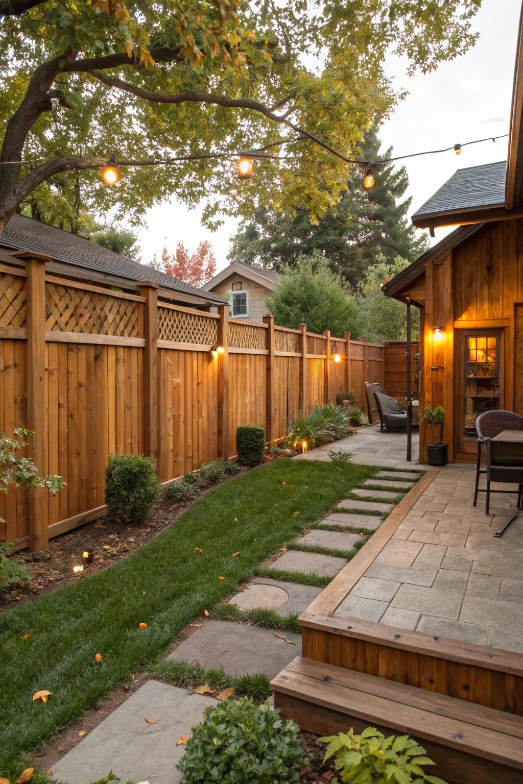 Wooden elements infuse warmth into a modern garden setting.