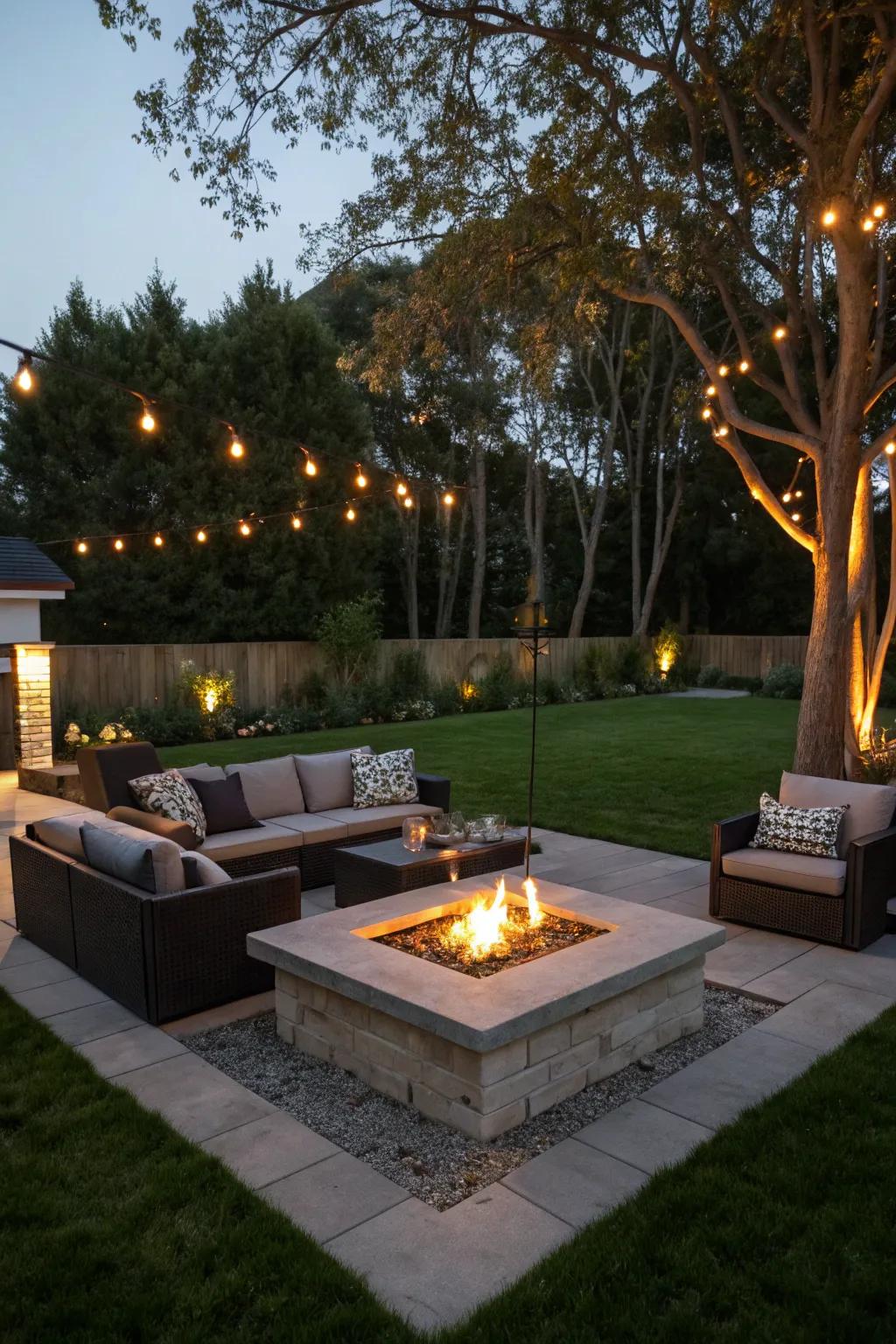 A fire pit provides warmth and a focal point for social gatherings.