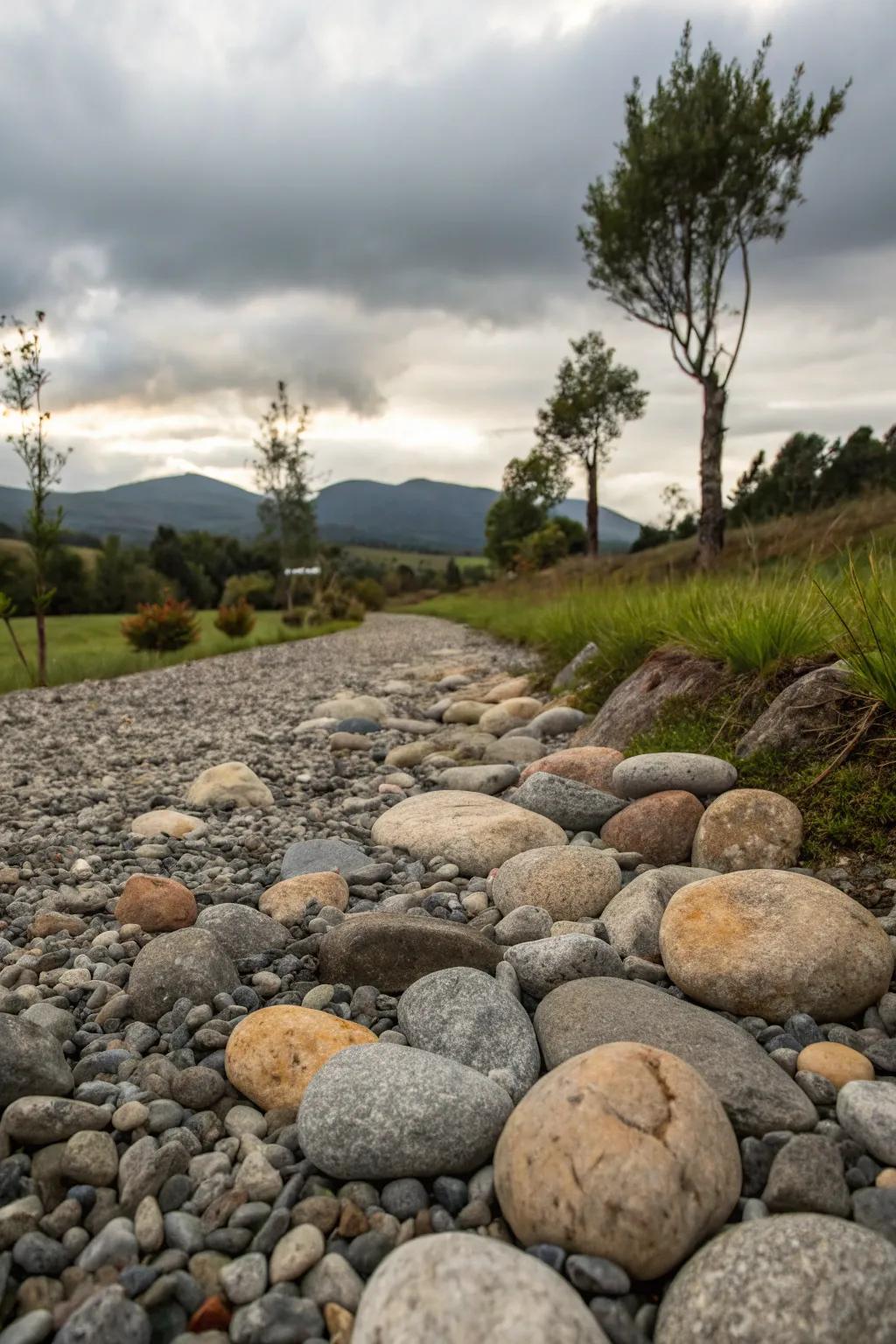 The blend of stone and gravel creates a harmonious texture in modern gardens.