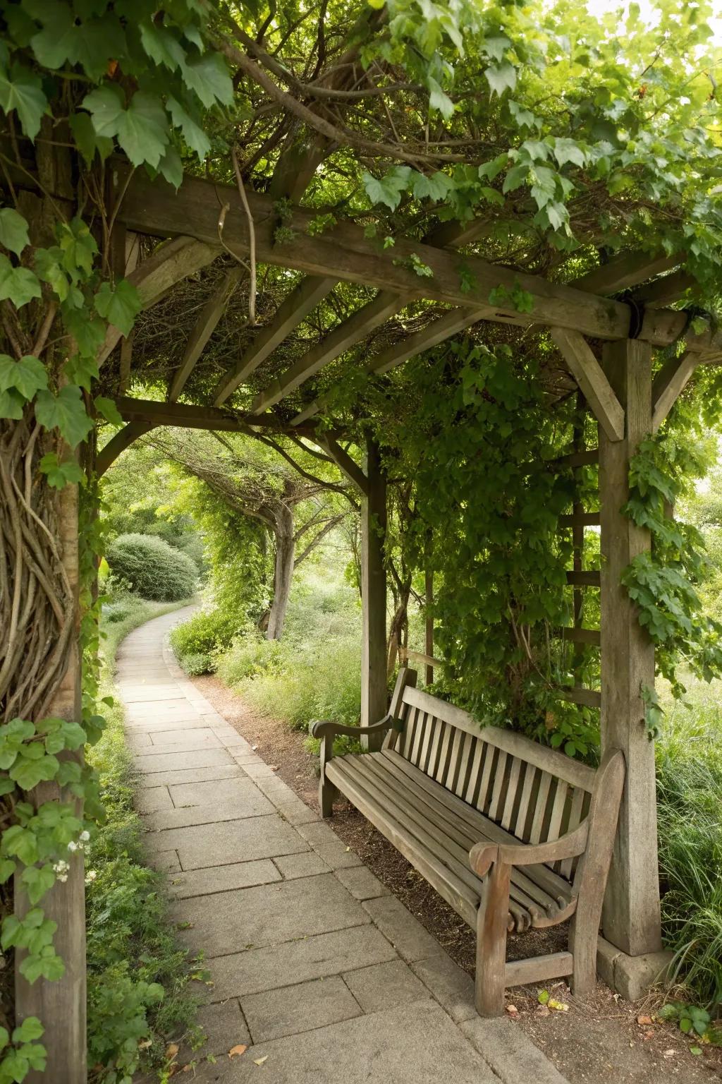 A seating arbor offers a peaceful escape.
