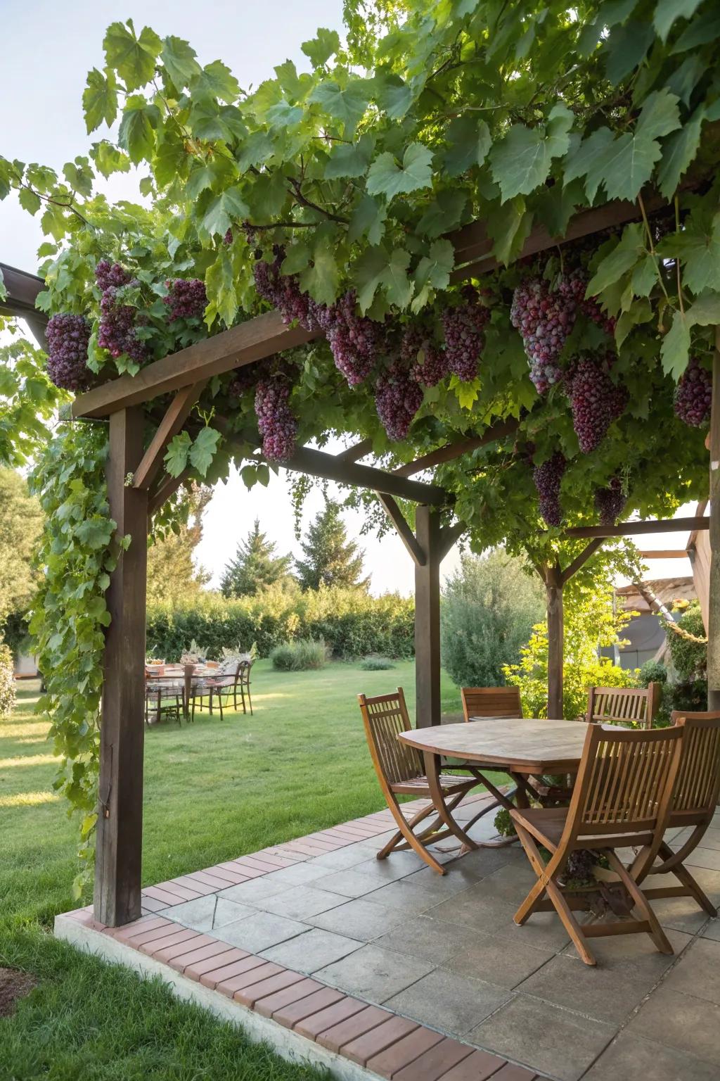 A grape arbor offers both shade and a tasty reward.