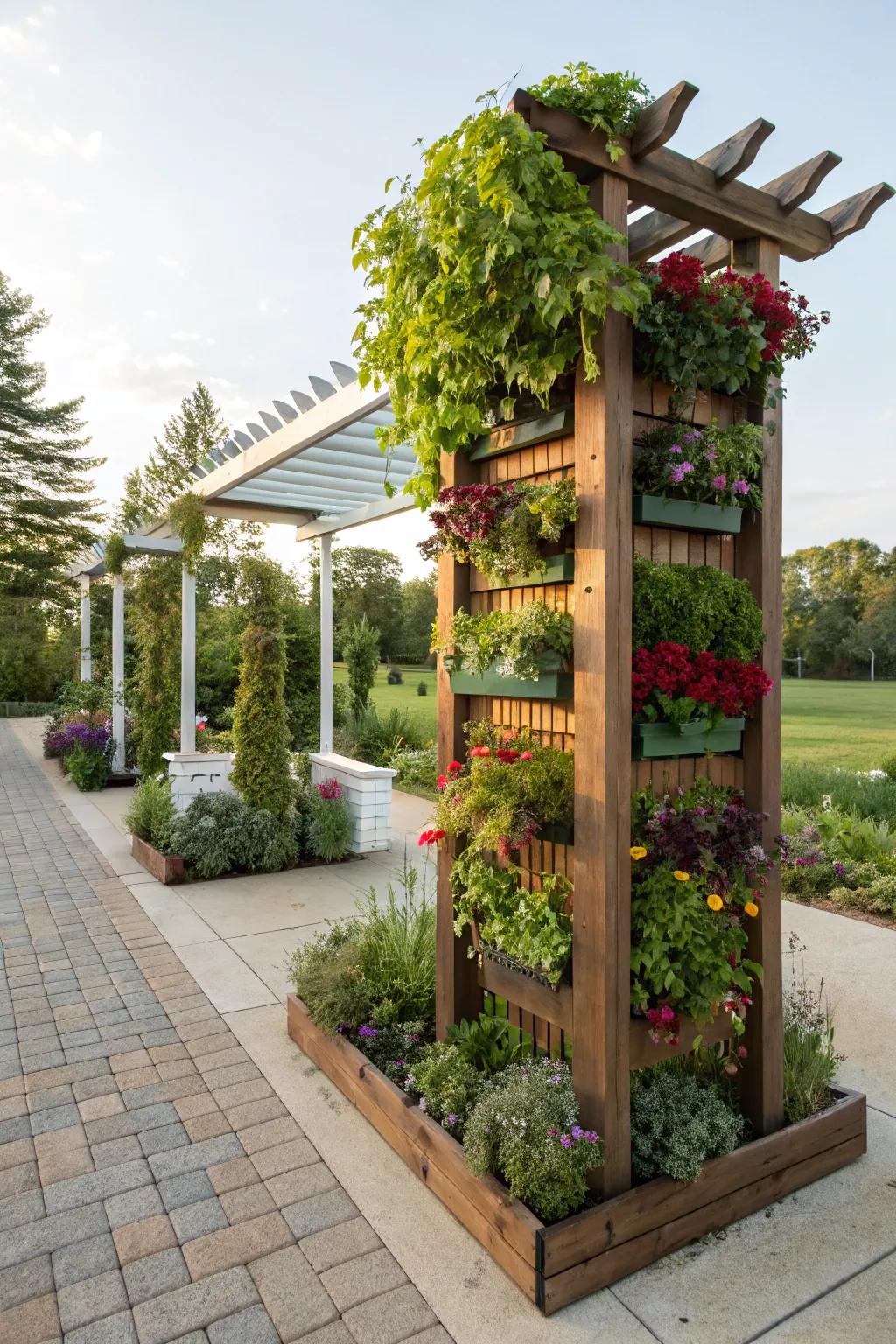 A vertical garden arbor combines beauty and utility.
