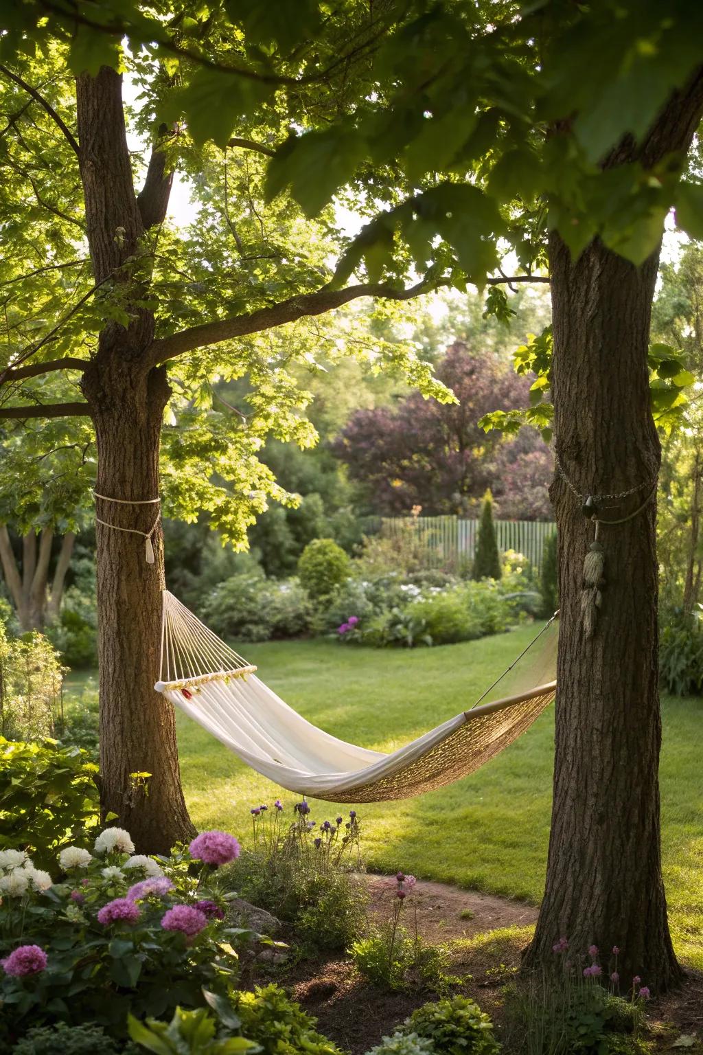 A hammock offers a serene spot to unwind and enjoy the outdoors.