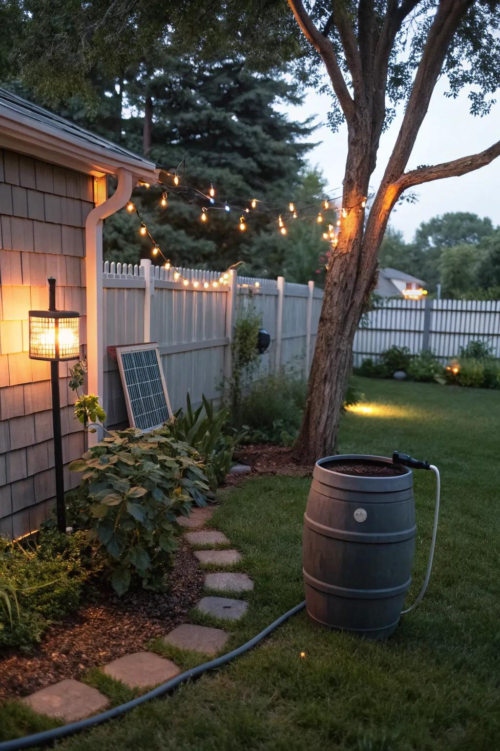 Eco-friendly features like solar lights and rain barrels are both practical and sustainable.
