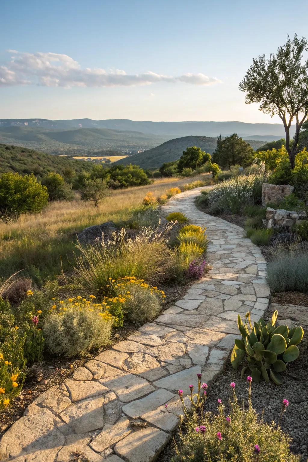 A charming stone pathway meanders through a vibrant Texas Hill Country garden.