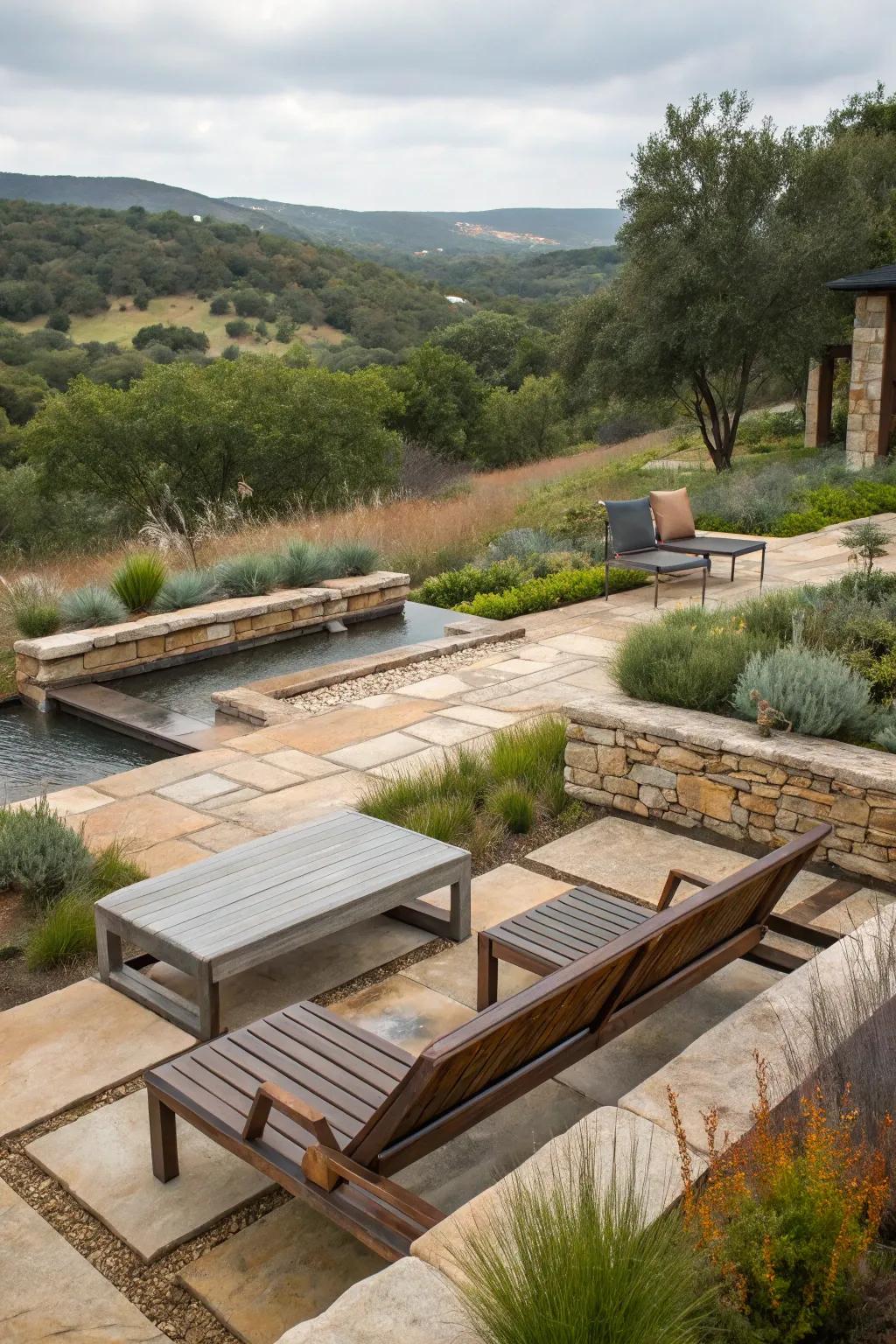 A harmonious blend of modern and rustic elements in the garden.