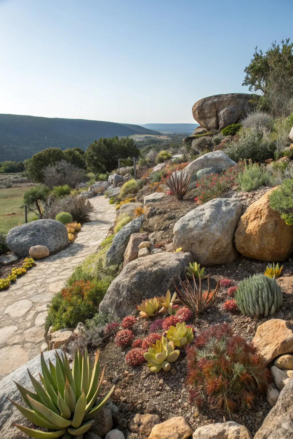 A rock garden adds texture and depth to this Hill Country landscape.