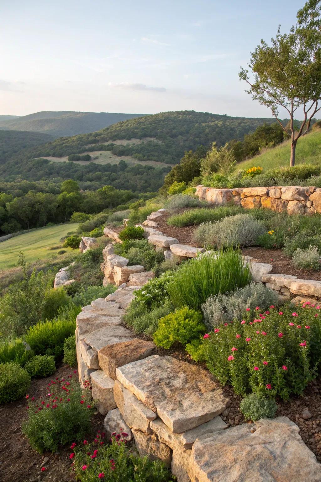 Terraced gardens provide a stunning solution for managing elevation changes.