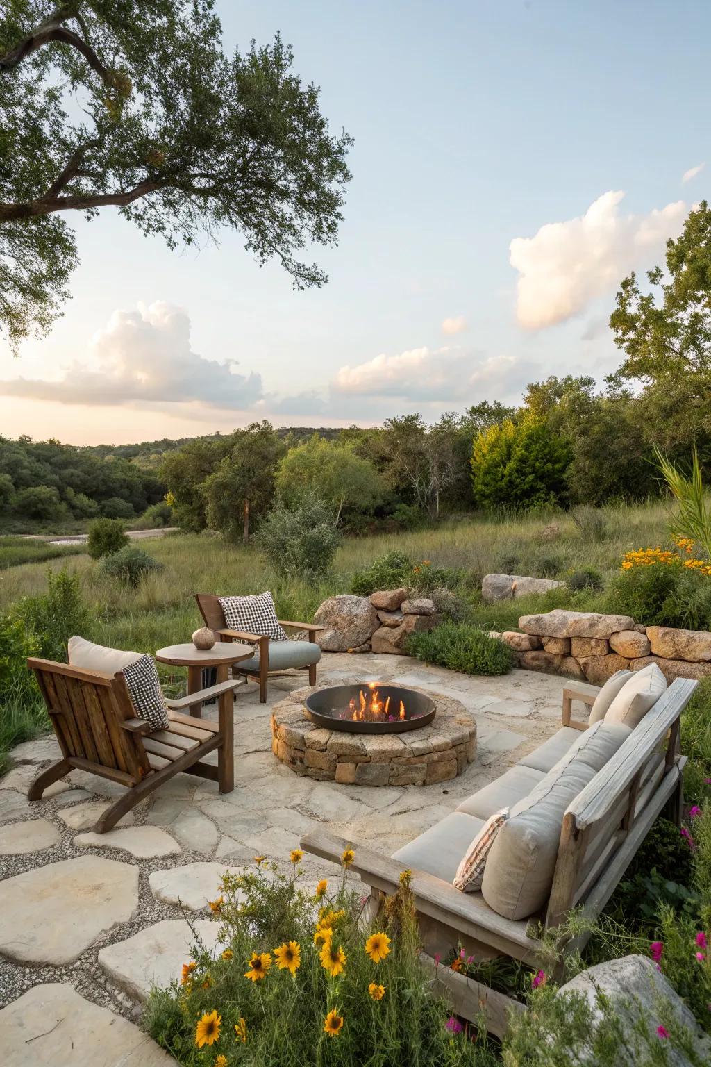 A cozy fire pit area becomes a focal point for outdoor gatherings.