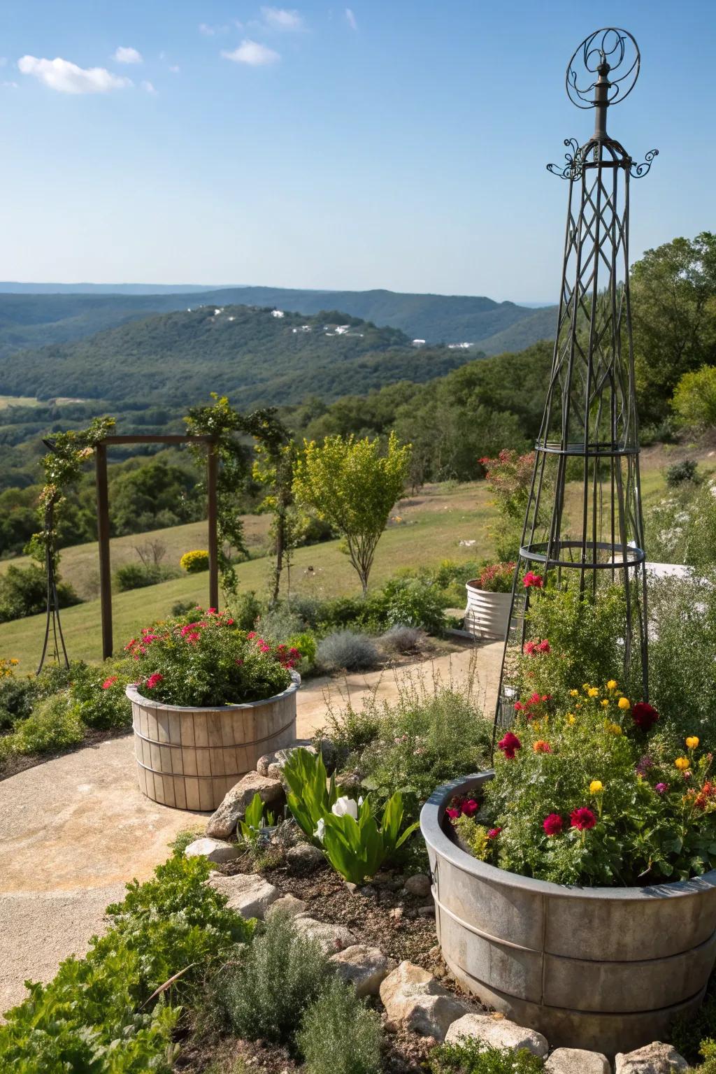 Metal accents bring a modern touch to this Hill Country garden.