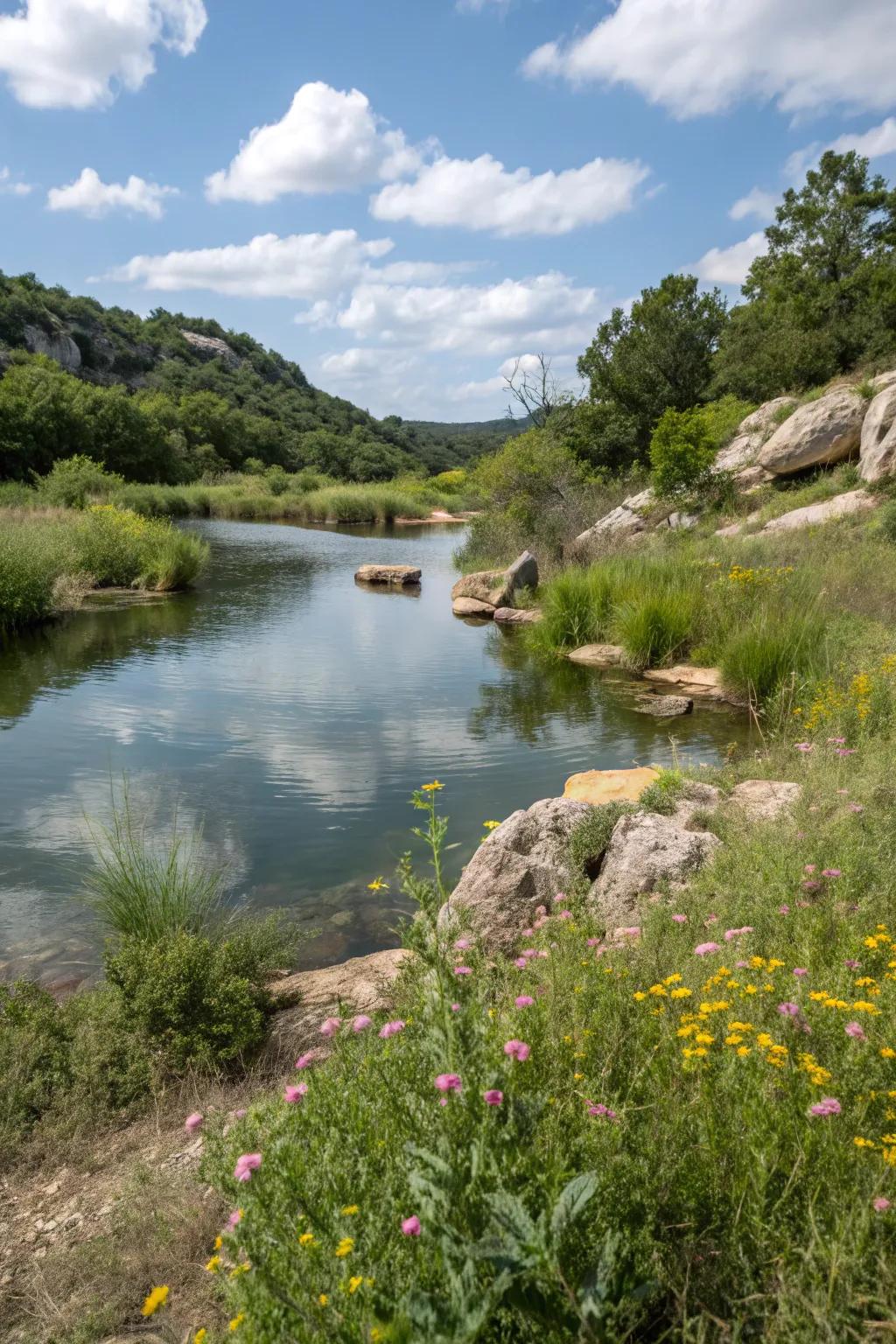 A tranquil natural pond invites wildlife and adds serenity to the space.