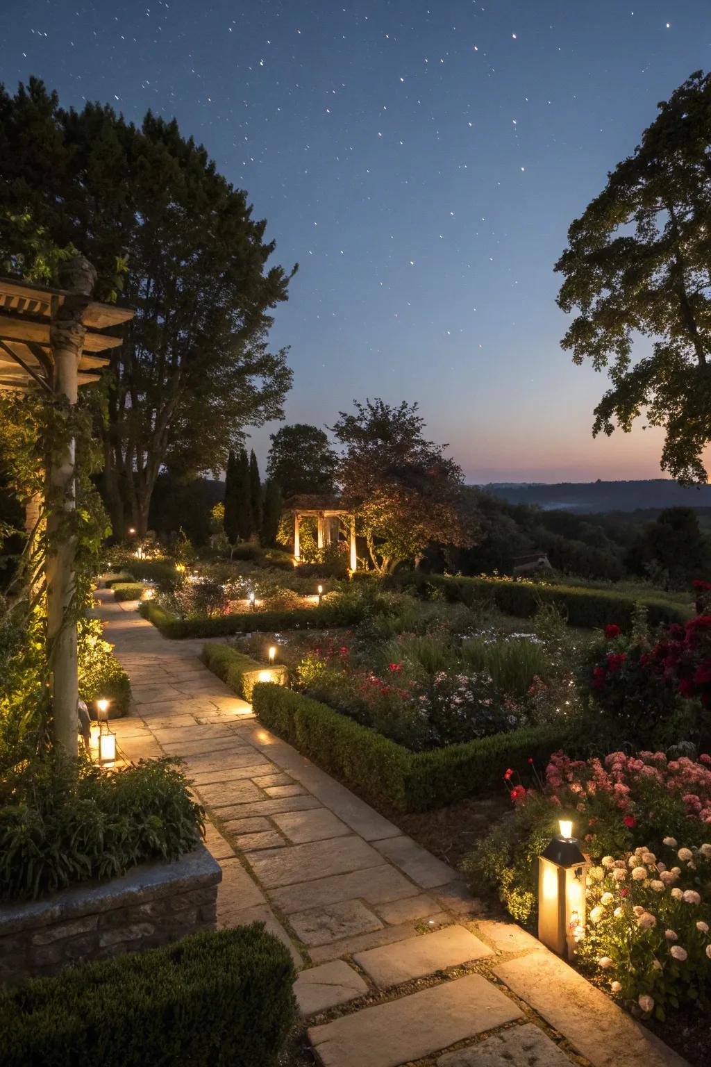 Soft garden lighting creates a magical ambiance in the evening.
