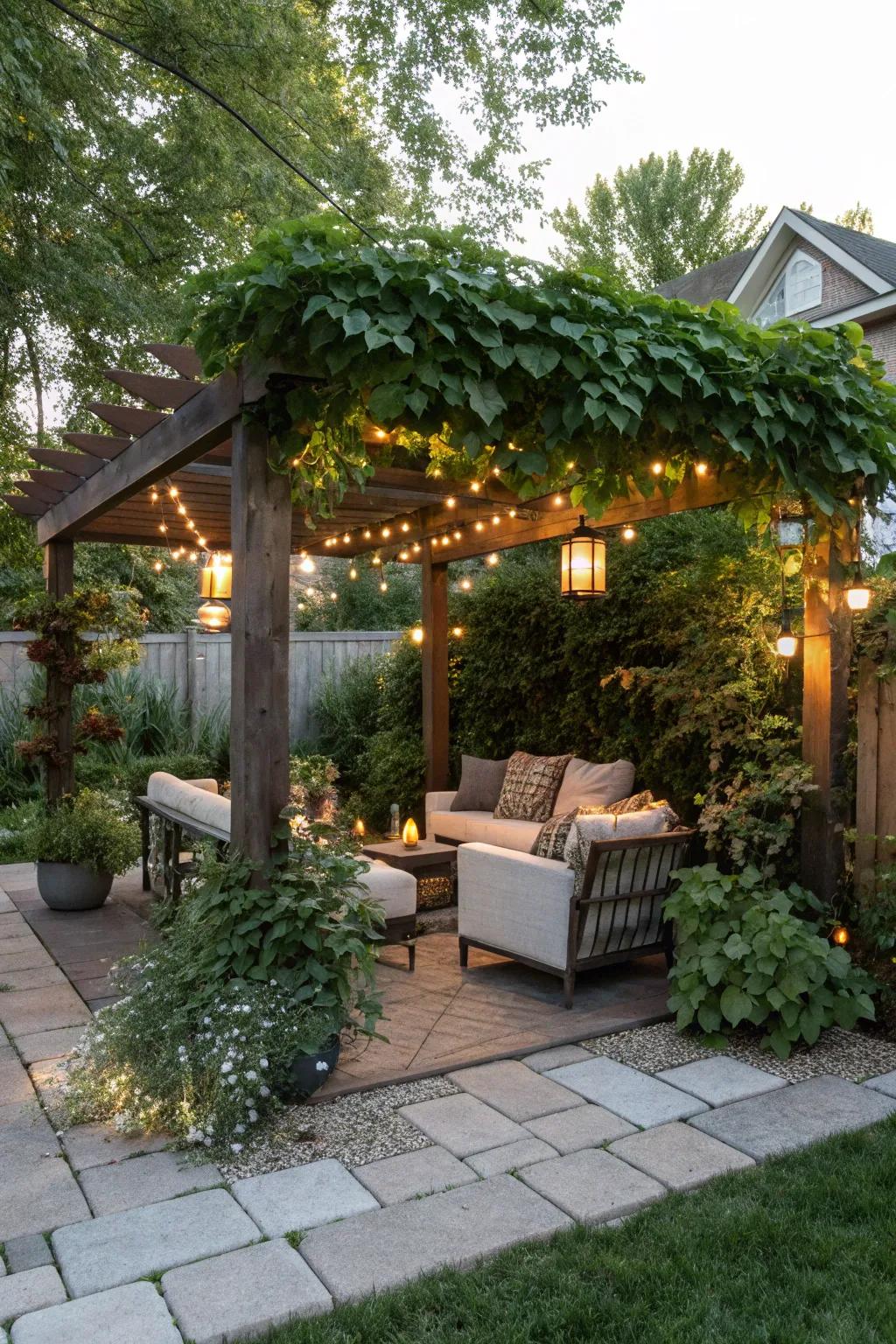 A pergola corner transforms into a cozy backyard retreat.