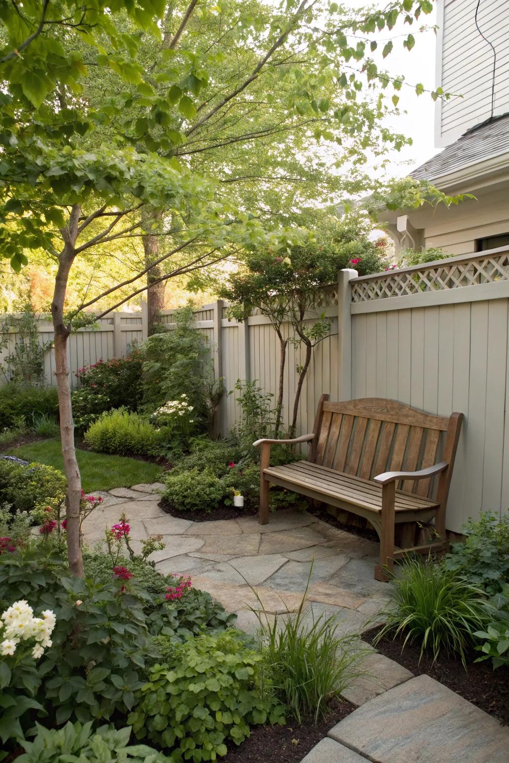 A corner bench provides a peaceful spot to relax.