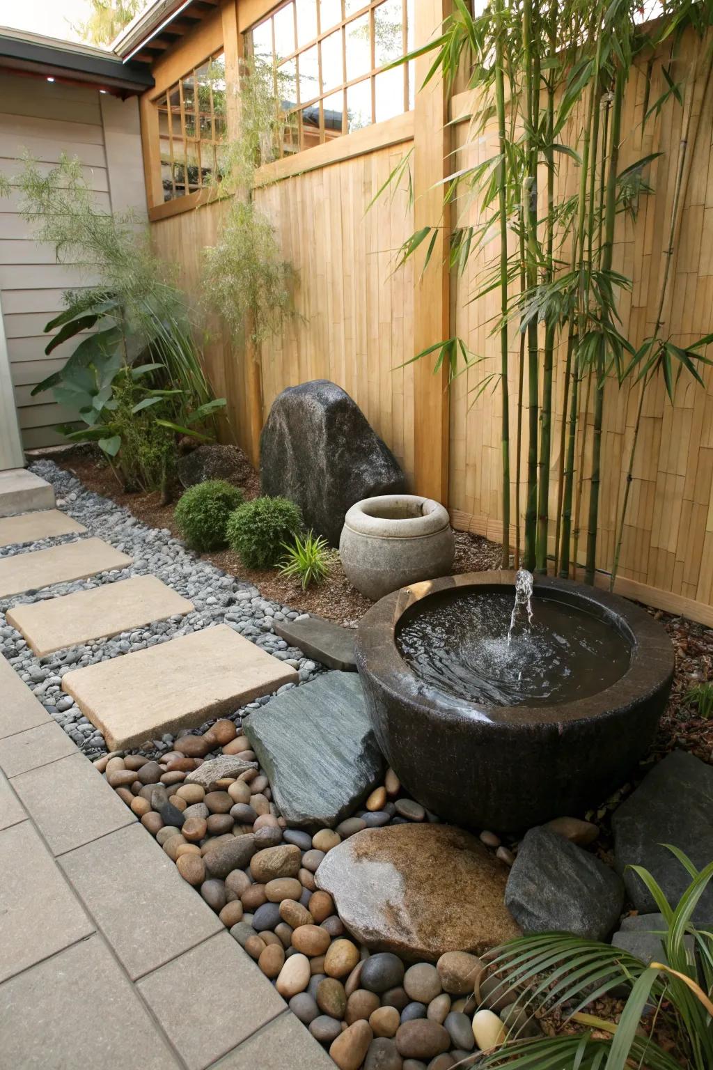 A Zen rock garden creates a serene backyard corner.