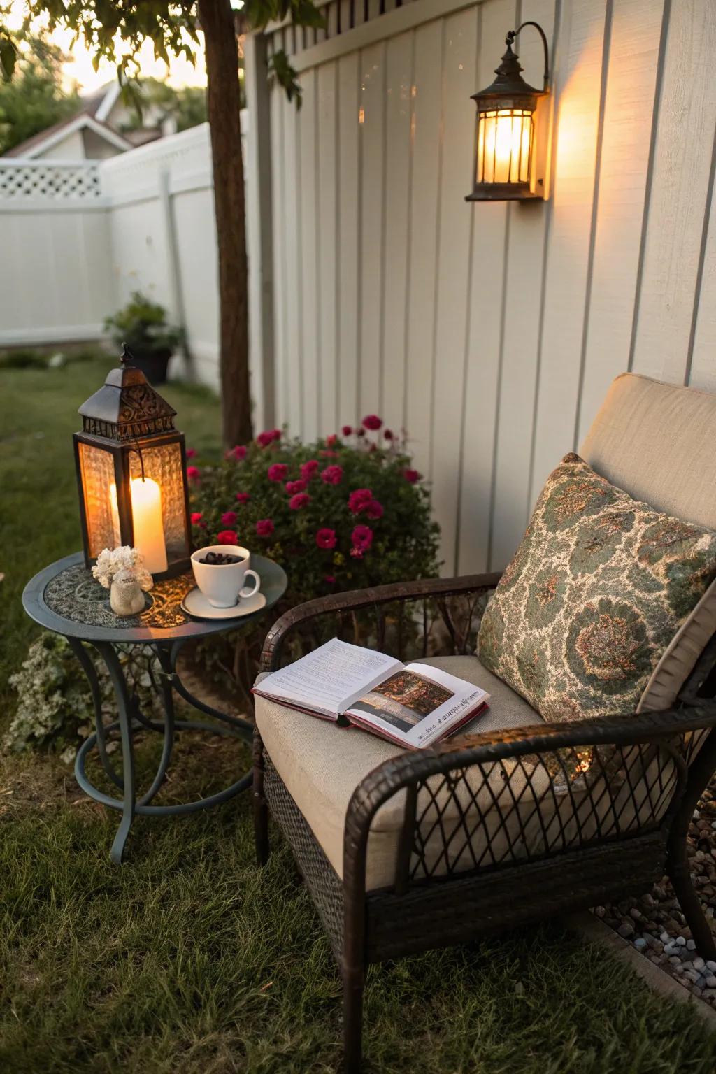 An outdoor reading nook offers a quiet retreat.