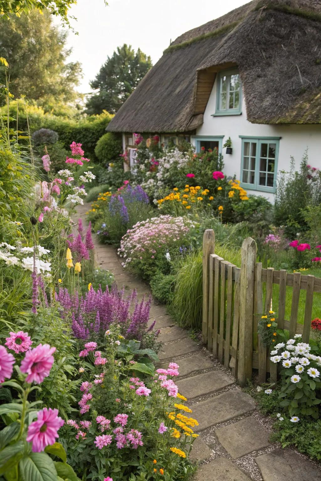 A cottage garden corner bursts with color and charm.