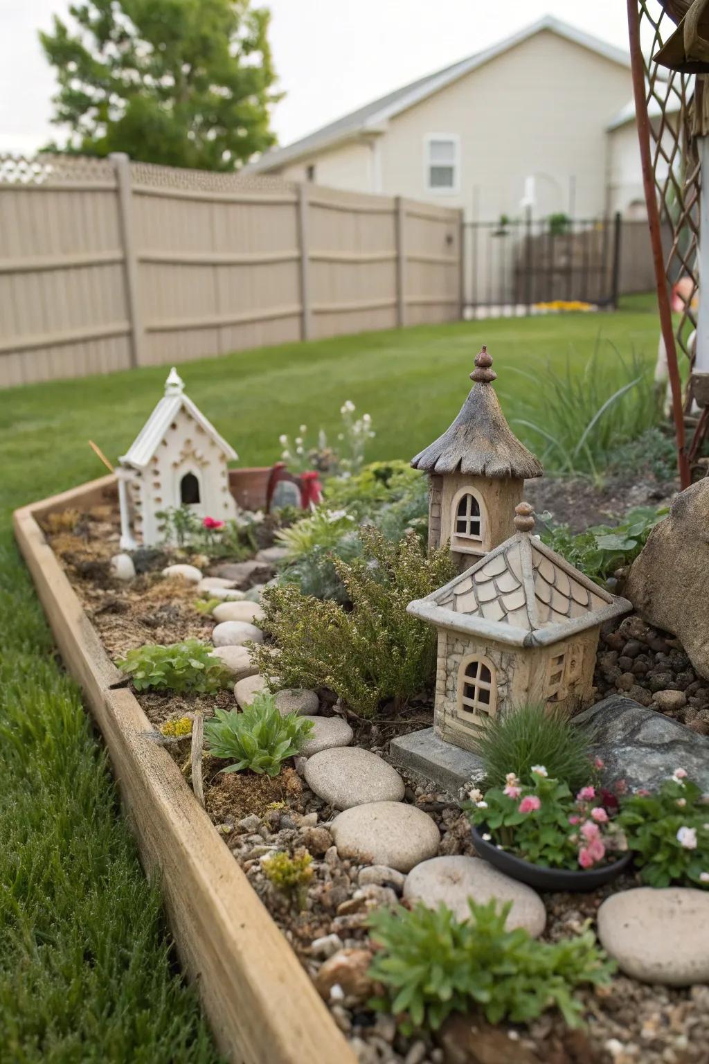 A fairy garden corner enchants with whimsy.