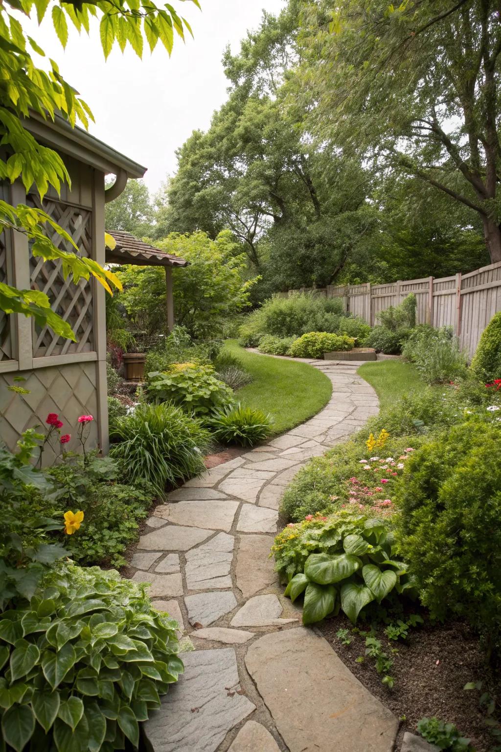 A secret garden pathway creates a whimsical feel.