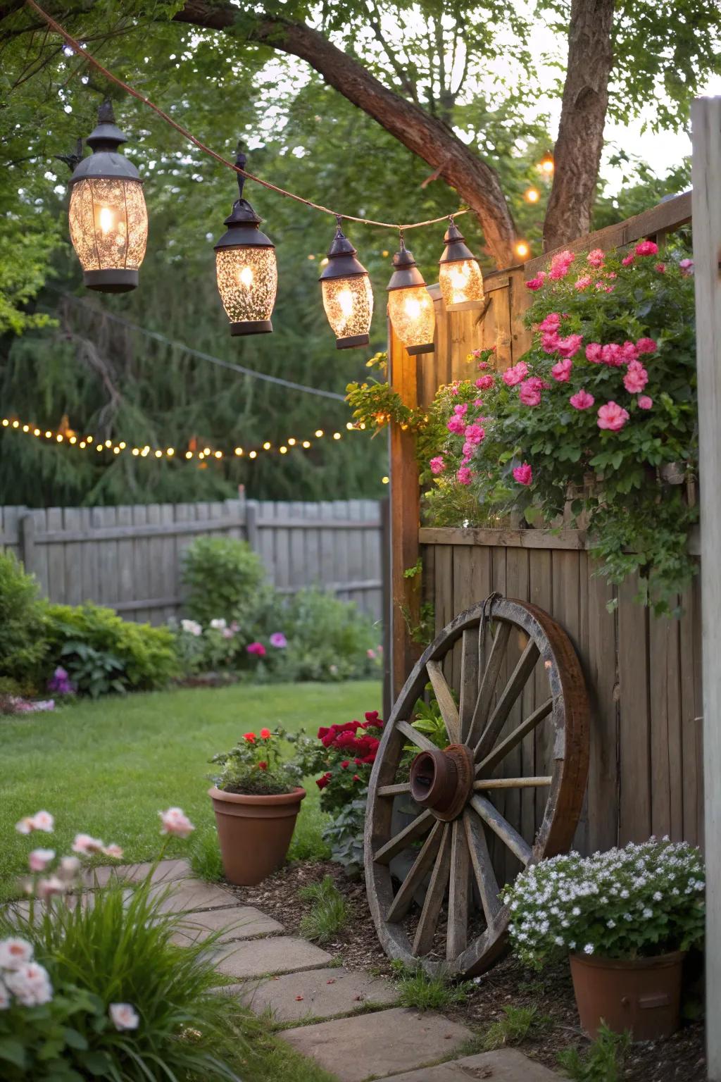 Rustic decor adds charm to a backyard corner.