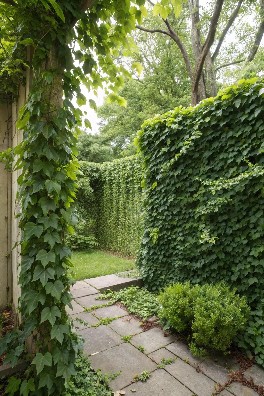 Green walls offer privacy and a lush backdrop.