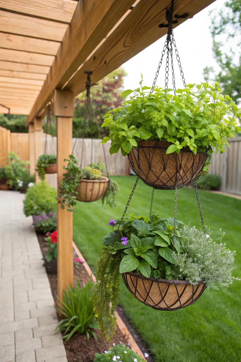 Hanging planters maximize space for fresh herbs.