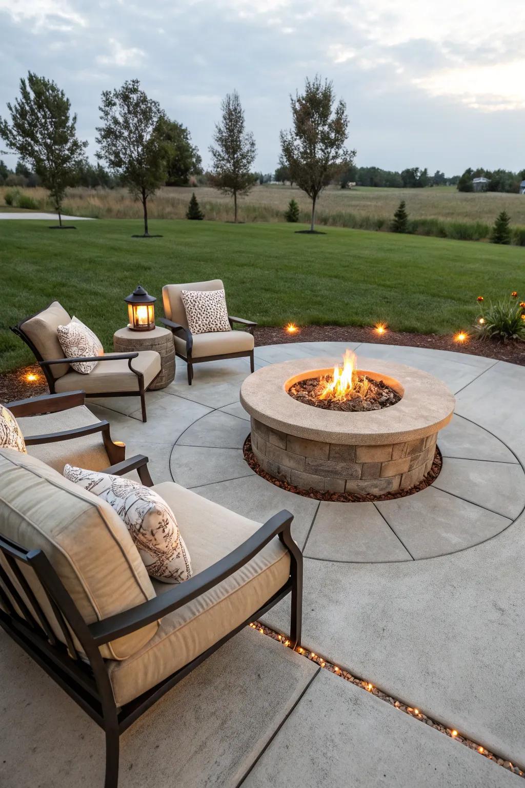 A fire pit serves as a warm, inviting patio centerpiece.