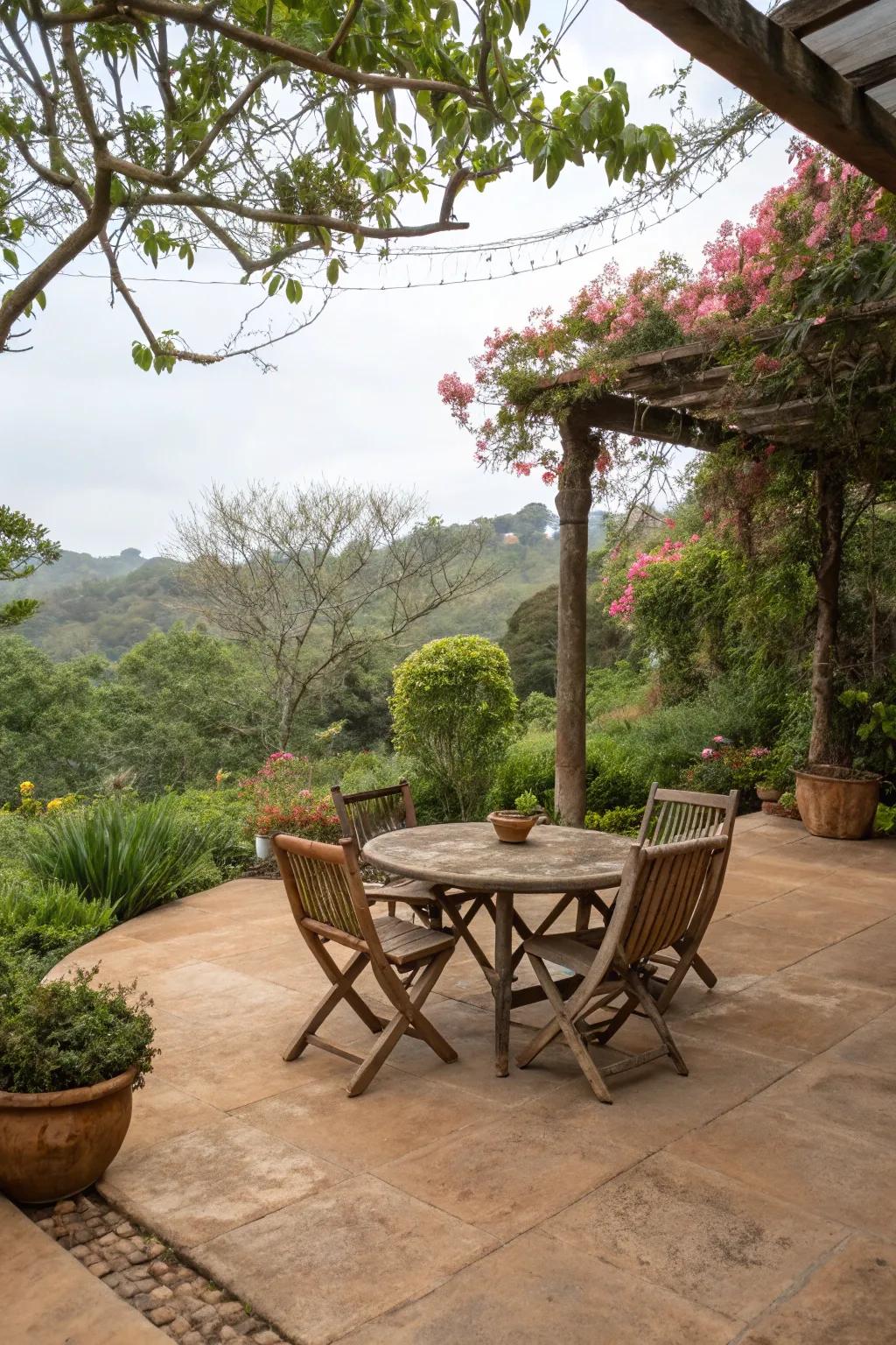 Earthy tones on a stained concrete patio create a naturally warm ambiance.