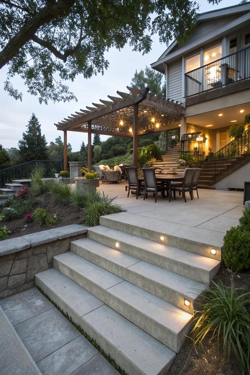 Multi-level patios add depth and interest to outdoor spaces.