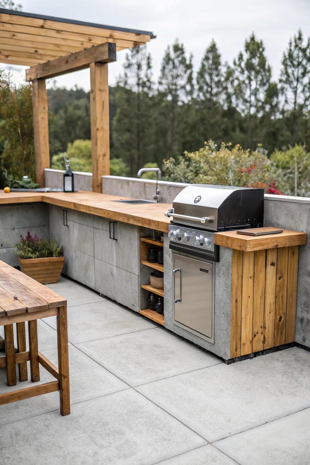 A rustic outdoor kitchen enhances the patio with culinary flair.