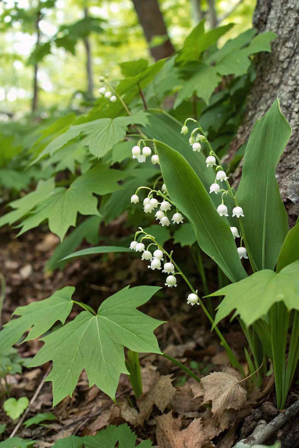 Lily of the valley creating a fragrant carpet beneath a maple tree.