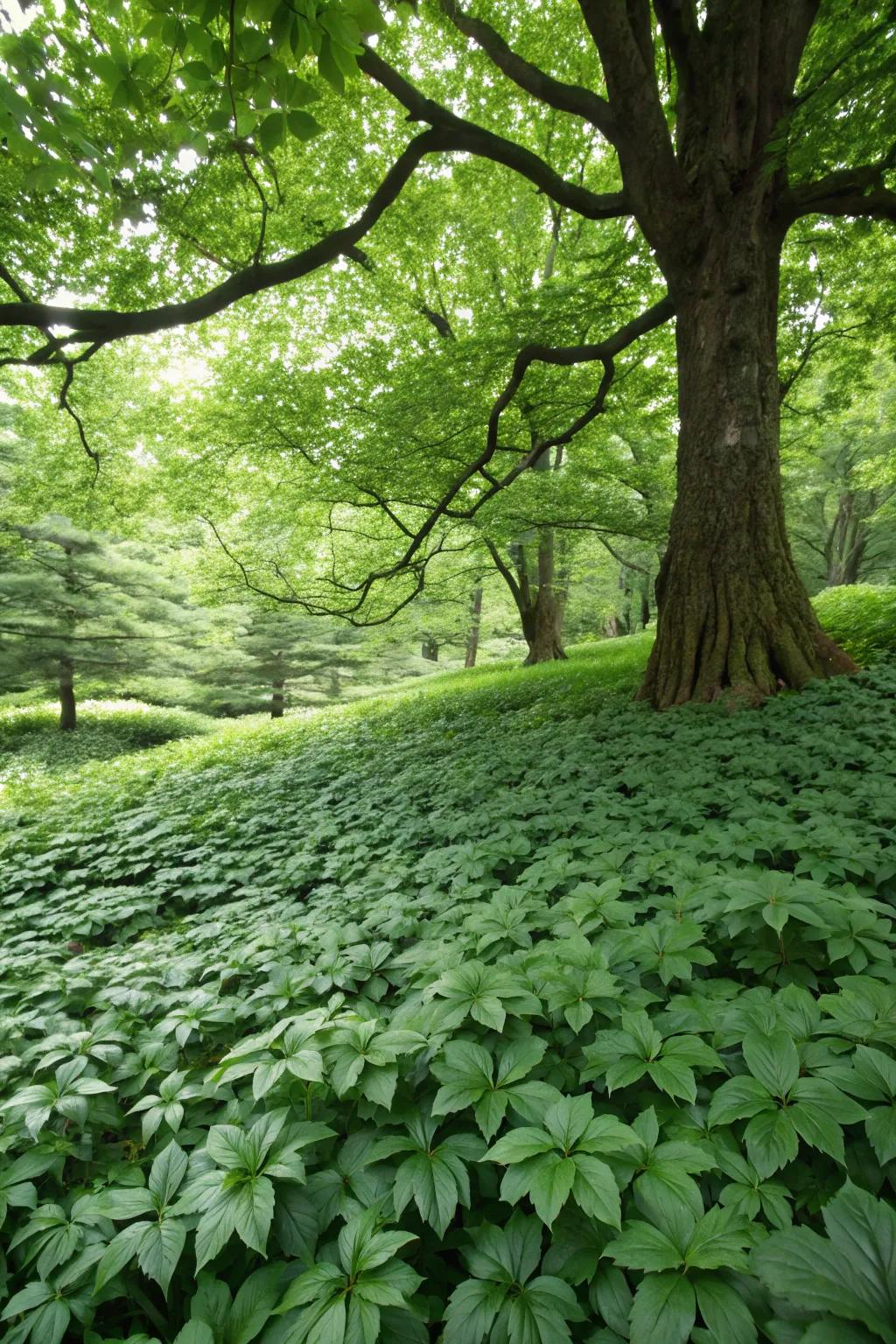 Pachysandra providing evergreen coverage beneath a maple tree.