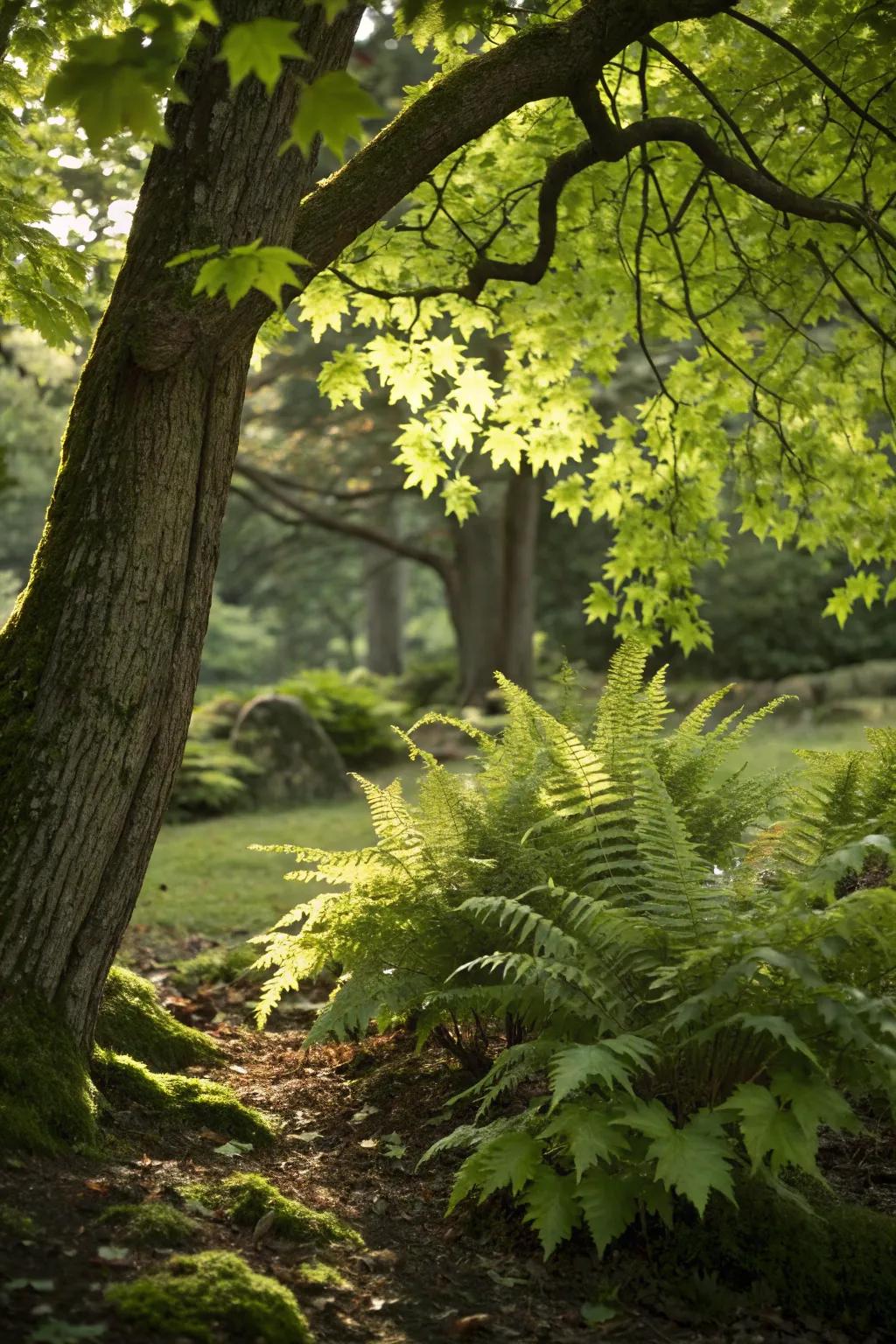 Elegant maidenhair ferns adding softness beneath a maple tree.