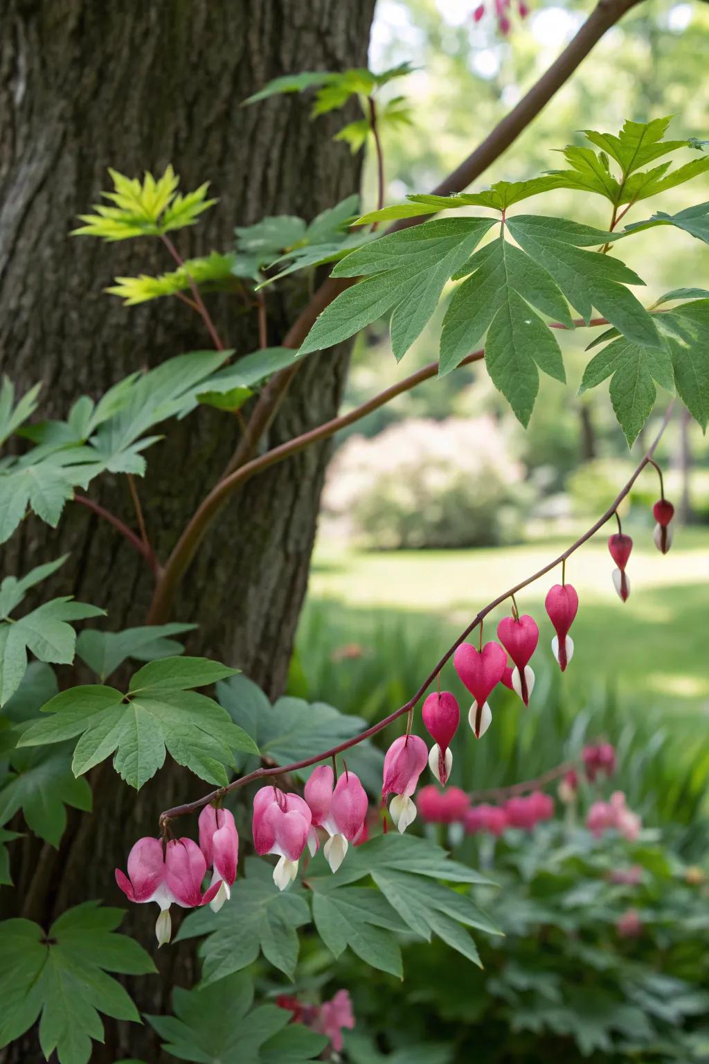 Bleeding heart adding romantic elegance beneath a maple tree.